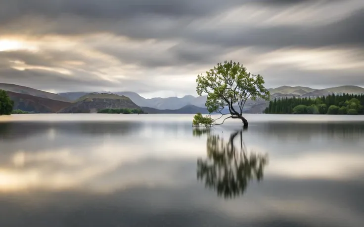 a lone tree stands alone in the middle of a lake