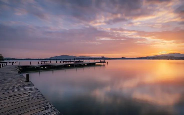 a pier in the middle of a lake at sunset