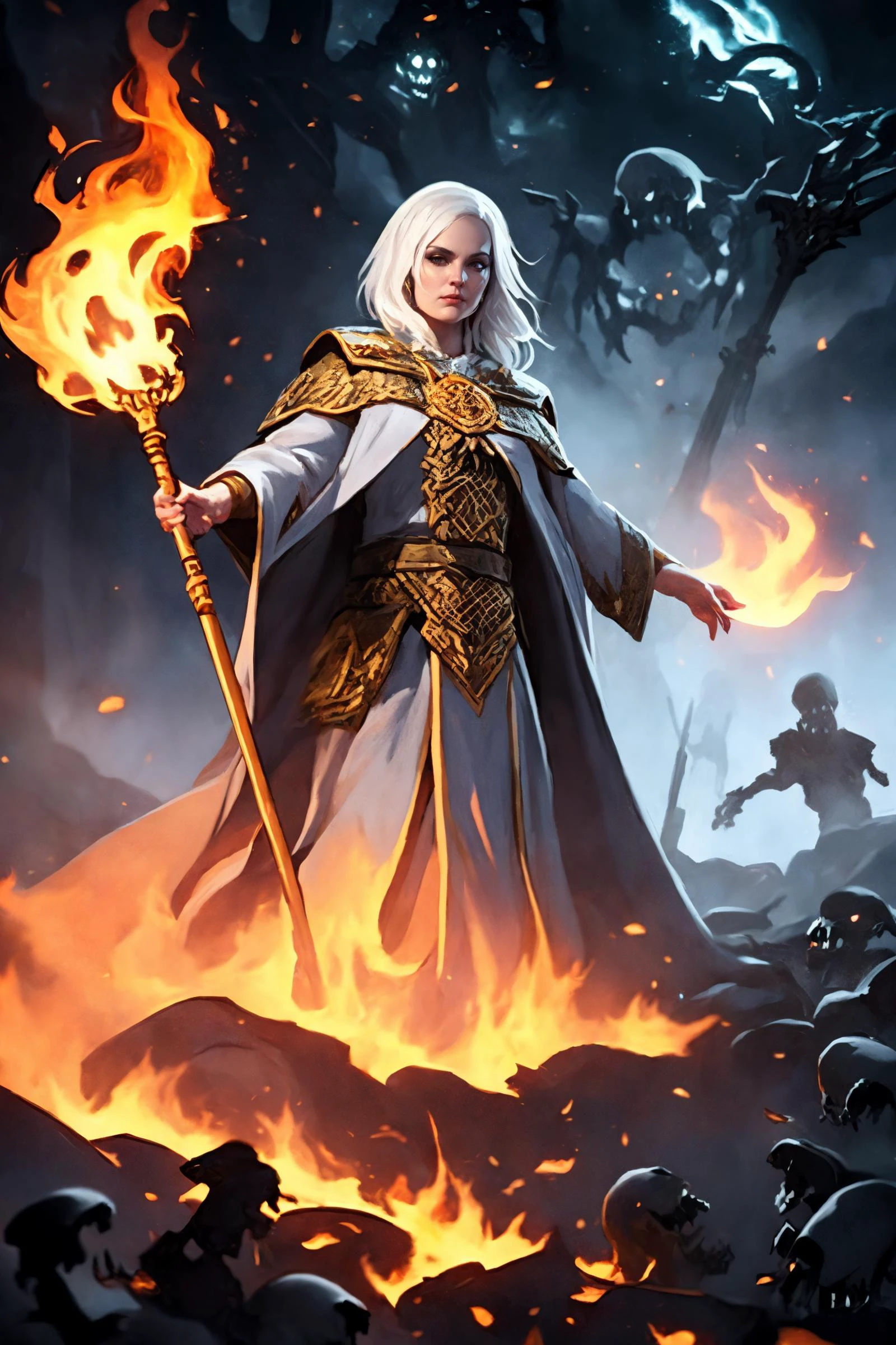 (masterpiece, best quality), 1girl, white hair, blue and gold robe, holding a staff, fire spell, burning ground, battle, surrounded by skeletons, <lora:FantasyCleric:0.7> fancle, <lora:CastSpell:0.7> castspell, ultra detailed, cinematic, realistic, light and shadow, volumetric fog, high contrast