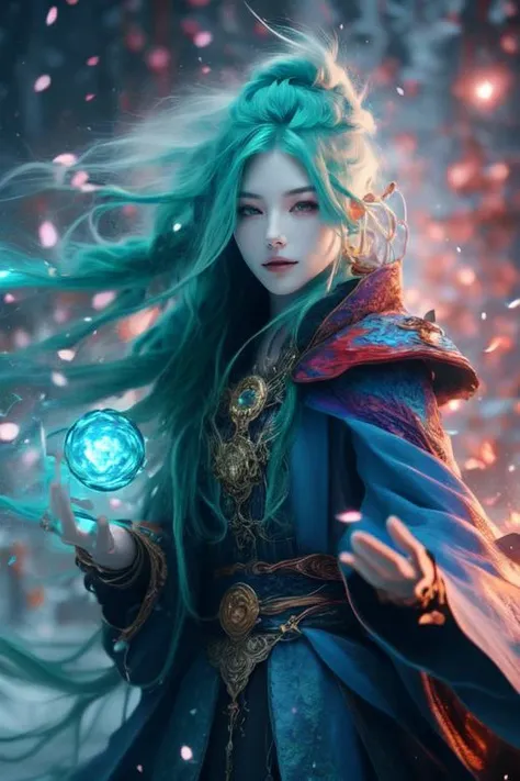 (otherworldly), highly insanely detailed, masterpiece, top quality, best quality, highres, 4k, 8k, RAW photo, (very aesthetic, beautiful and aesthetic),  
a beautiful female sorceress, 
wearing intricate clothes and jewelry, 
casting a fire spell, 
casting a ice fire spell, 
CastSpell, 
<lora:CastSpell-10:1>, 
grey clothes, 
absurdly long hair ,grey hair, bright blue-green hair ,gradient hair,multi_color_hair, multicolored hair, multi colored hair ,dutch braid hair, french braid hair, dreadlocks hair, feathered haircut hair , 
(black eyes), 
pure red background, pure black background , 
(flower, falling petals, petals on liquid, petals, cherry blossom:0.8), 
<lora:ip-adapter-faceid-plusv2_sd15_lora:1>, (fantasy world)âââ