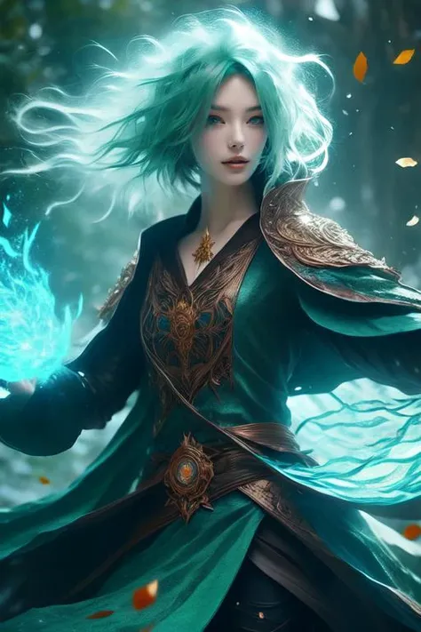 (otherworldly), highly insanely detailed, masterpiece, top quality, best quality, highres, 4k, 8k, RAW photo, (very aesthetic, beautiful and aesthetic),  
a beautiful female sorceress, 
wearing intricate clothes and jewelry, 
casting a fire spell, 
casting a ice fire spell, 
CastSpell, 
<lora:CastSpell-10:1>, 
teal clothes, 
short hair ,bright blue-green hair ,colored inner hair,gradient hair ,curly haircut hair, undercut hair, long layers hair ,leaf hair,flipped hair, 
(light brown eyes)      ,slit pupils,colored sclera, 
bright blue-green background, 
(flower, falling petals, petals on liquid, petals, cherry blossom:0.8), 
<lora:ip-adapter-faceid-plusv2_sd15_lora:1>, (fantasy world)âââ