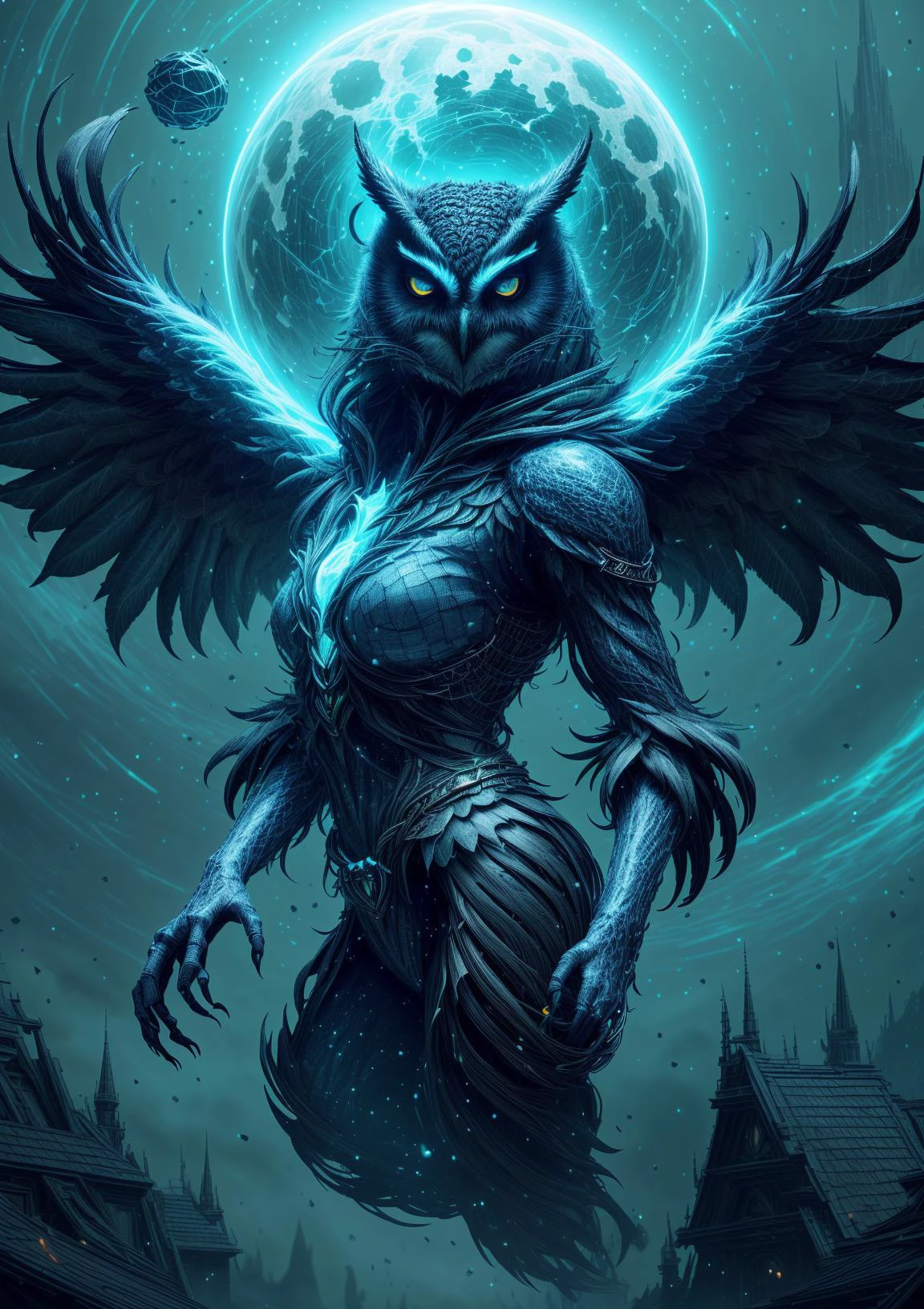large dark owl, angry owl, monster, anthropomorphic owl, anthropomorphic, lycanthrope, wereowl, 
wearing in a magical robes, jewellery, magic crystals, 
creationmagic, fragmented construct, particles stream, ethereal creation, 
<lora:CreationMagic-21:0.8>, <lora:add_detail:0.8>, <lora:detail_slider_v4:0.8>, <lora:PAseer-SD15-LCM Quick:0.8>