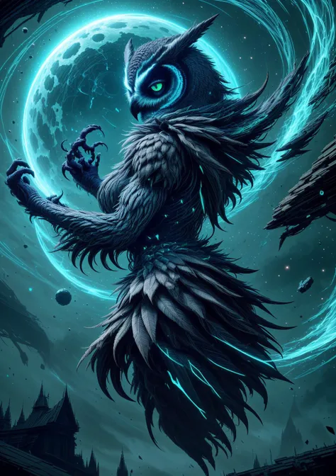 large dark owl, angry owl, monster, anthropomorphic owl, anthropomorphic, lycanthrope, wereowl, 
wearing in a magical robes, jewellery, magic crystals, 
creationmagic, fragmented construct, particles stream, ethereal creation, 
<lora:CreationMagic-21:0.8>, <lora:add_detail:0.8>, <lora:detail_slider_v4:0.8>, <lora:PAseer-SD15-LCM Quick:0.8>