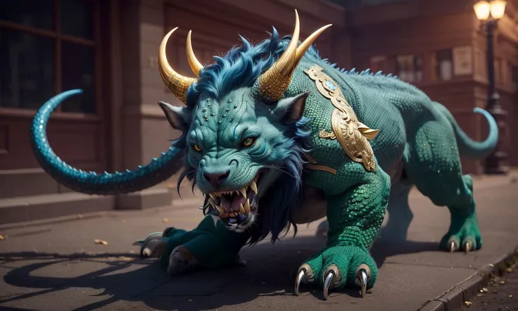 Nian2024, green monster, new york, trending on arstation, 4 legs, horns, vibrant colors, ferocious, gold, armor, colorful, green scales, tail, ornate, claws, tusks, mane