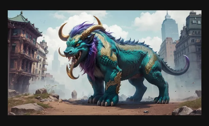 Nian2024, green monster, new york, trending on arstation, 4 legs, horns, vibrant colors, ferocious, gold, armor, colorful, green scales, tail, ornate, claws, tusks, mane
