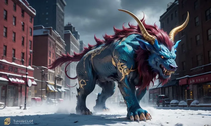 Nian2024, monster, new york, trending on arstation, 4 legs, horns, vibrant colors, ferocious, gold, armor, colorful, green scales, tail, ornate, claws, tusks, mane
