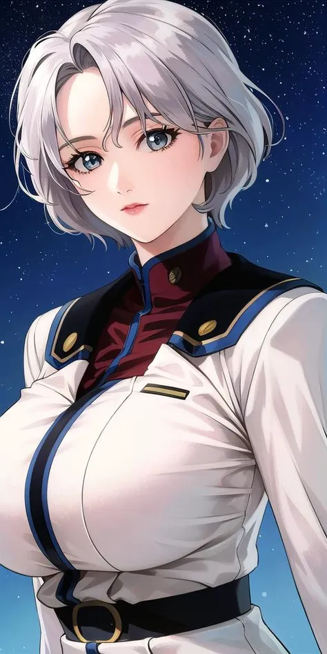 <lora:SallySaintFordV3:0.7> sallysaintford, huge_breasts, standing, solo, Naval_uniform_White_jacket_White_pencil_skirt_miniskirt_Belt_long_sleeves_turtleneck, starry_sky,, masterpiece, best_quality, detailed_face, detailed_eyes, highres, beautiful, detailed,