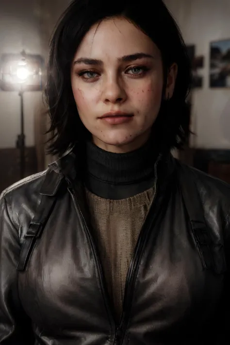 Realistic, realism, photorealism, photo-realistic, high contrast, (photorealistic:1.4), 8k high definition detailed realistic, (best quality, masterpiece:1.2), full bodyshot,  photon mapping, radiosity, physically-based rendering, best quality, highly detailed, 1girl,,  looking at the viewer,Helencod, Short hair, neck scar, black jacket, turtleneck , <lyco:GoodHands-beta2:1> SFW <lyco:epiCRealismHelper:.7> epiCRealism
 <lyco:HelenPark2:0.7>