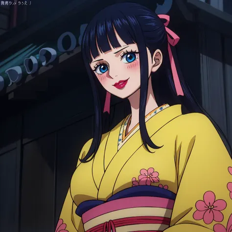 Best_QualityPos, RAW photo, intricate details, best quality, 8k uhd, soft lighting, 1girl, solo, black hair, bangs, long hair, hair ribbon, red ribbon, blue eyes, red lipstick, japanese clothes, kimono, yellow kimono, long sleeves, wanostyle, large breasts, closed mouth, smile, blush <lora:Kikunojo:0.3>   <lora:wanostyle_2_offset:1> <lora:LowRA:0.6>