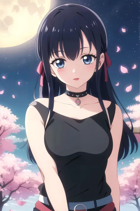 (masterpiece,best quality,highres:1.1),black hair,bangs,long hair,hair ribbon,red ribbon,blue eyes,red lipstick,1girl,medium breasts,solo,charming pose,(close-up:1.2),<lora:Kikunojo:0.4>,cowboy shot,upper body,looking at viewer,alternate costume,chocker,(punk:1.3),<lora:punk_v0.2>,(punk clothes:1.3),cherry blossoms,cloud,full moon,looking at viewer,moon,moonlight,night,night sky,outdoors,petals,blue moon,rose petals,sky,star sky,starry sky,sun,