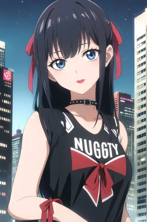 (masterpiece,best quality,highres:1.1),black hair,bangs,long hair,hair ribbon,red ribbon,blue eyes,red lipstick,1girl,medium breasts,solo,charming pose,(close-up:1.2),<lora:Kikunojo:0.4>,cowboy shot,upper body,looking at viewer,alternate costume,chocker,(punk:1.3),<lora:punk_v0.2>,(punk clothes:1.3),cyberpunk,city,skyscraper,skyline,night sky,neon lights,no humans,background,
