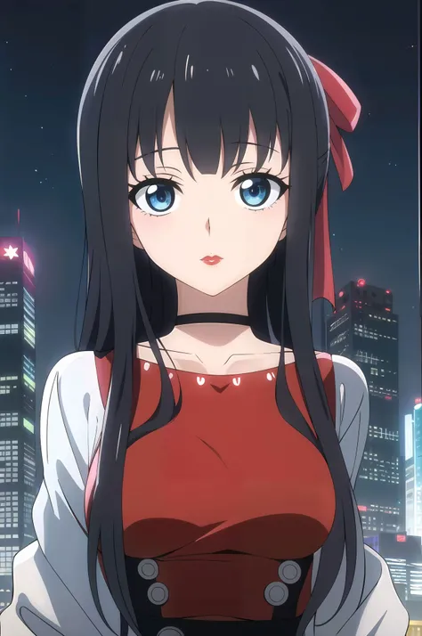 (masterpiece,best quality,highres:1.1),black hair,bangs,long hair,hair ribbon,red ribbon,blue eyes,red lipstick,1girl,medium breasts,solo,charming pose,(close-up:1.2),<lora:Kikunojo:0.4>,cowboy shot,upper body,looking at viewer,alternate costume,chocker,(punk:1.3),<lora:punk_v0.2>,(punk clothes:1.3),cyberpunk,city,skyscraper,skyline,night sky,neon lights,no humans,background,