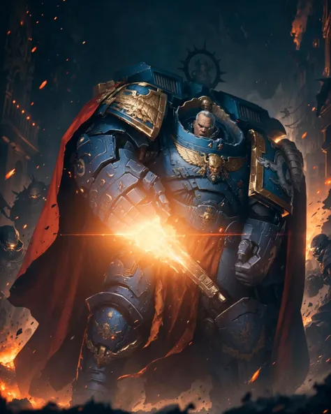 ((best quality)), ((masterpiece)), ((realistic)), (detailed), unusual camera angles, (((dutch angle shot))), (extremely detailed CG unity 8k wallpaper), movie poster, high detail, sharp focus, dramatic, action shot, dynamic composition, cinematic lighting, accent lighting, epic, absurdres, ray tracing, post-processing, unreal engine, metal reflections,
portrait of (calgar:1.3) ((action pose)), solo, 1boy, military man, tall stature, focused, grim, regal, detailed skin, skin pores, wrinkles,
((arm cannon)), ((iron halo)), full armor, red cape, pauldron, (((pointing at the camera)))
rushing into battle, fighting in a futuristic city, dark sci-fi, destruction, debris, epic scale, detailed background, fighting nightmare monsters, aliens, xenomorphs,
<lora:Calgar MK1 by CARAXES:0.8> <lora:tool - add_detail:0.4> <lora:r1ge - AnimeRage:0.35>