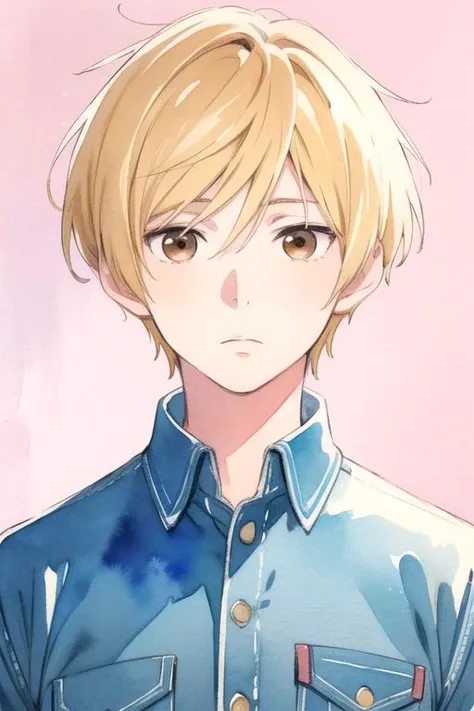 masterpiece, best quality, sketch, 1boy, solo, male focus, looking at viewer, upper body, depth of field, (watercolor illustration, soft pastel colors:1.1), , <lora:rio_yamamoto:0.72>, rio_yamamoto, blonde hair, brown eyes, jeans, , ,
