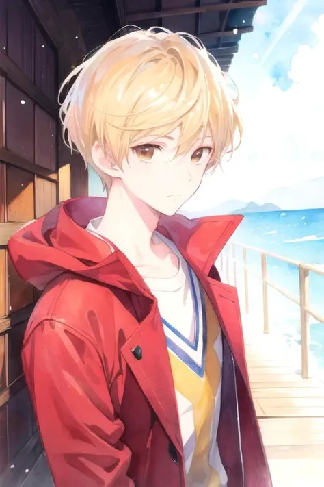 masterpiece, best quality, , 1boy, solo, male focus, looking at viewer, , , (watercolor illustration, soft pastel colors:1.1), realistic, <lora:rio_yamamoto:0.72>, rio_yamamoto, blonde hair, brown eyes, , pier, 2k resolution