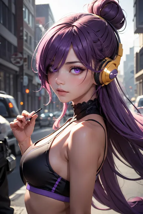 (masterpiece, best quality), 1girl, <lora:uta_one_piece:0.8> utaop, headphones,hair over one eye,purple eyes