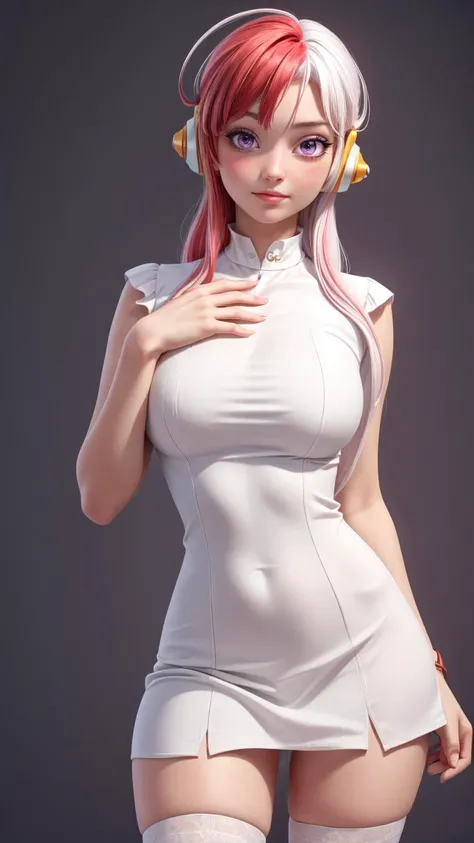 (1girl, solo, masterpiece, 4k, best quality:1.2, (cowboy shot), best quality:1.2, NICE HANDS, COLORFUL, (perfect hands, perfect anatomy)),
utaop, headphones,blush, white dress, hair over one, red and white hair, multicolored hair, high stocking,
((medium breasts, big hips, looking at the viewer)),
((simple background, colored background)), <lora:GoodHands-vanilla:0.7>