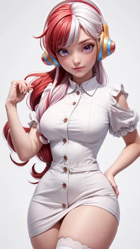 (1girl, solo, masterpiece, 4k, best quality:1.2, (cowboy shot), best quality:1.2, NICE HANDS, COLORFUL, (perfect hands, perfect anatomy)), 
utaop, headphones,blush, white dress, hair over one, red and white hair, multicolored hair, high stocking, 
((medium breasts, big hips, looking at the viewer)), 
((simple background, white background)), <lora:GoodHands-vanilla:0.7>