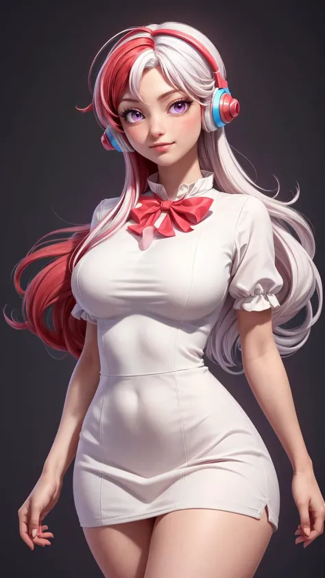 (1girl, solo, masterpiece, 4k, best quality:1.2, (cowboy shot), best quality:1.2, NICE HANDS, COLORFUL, (perfect hands, perfect anatomy)),
utaop, headphones,blush, white dress, hair over one, red and white hair, multicolored hair, high stocking,
((medium breasts, big hips, looking at the viewer)),
((simple background, colored background)), <lora:GoodHands-vanilla:0.7>