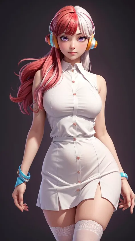 tmasterpiece, Need, realisticlying, （Full body shot from head to toe），1girl, nurses, Extra-large big breasts，Extra thick thighs, f-cup 胸, Super slender legs，Pink booties，Dress perspective, (PureErosFace_V1:0.6), Extra-long pink hair