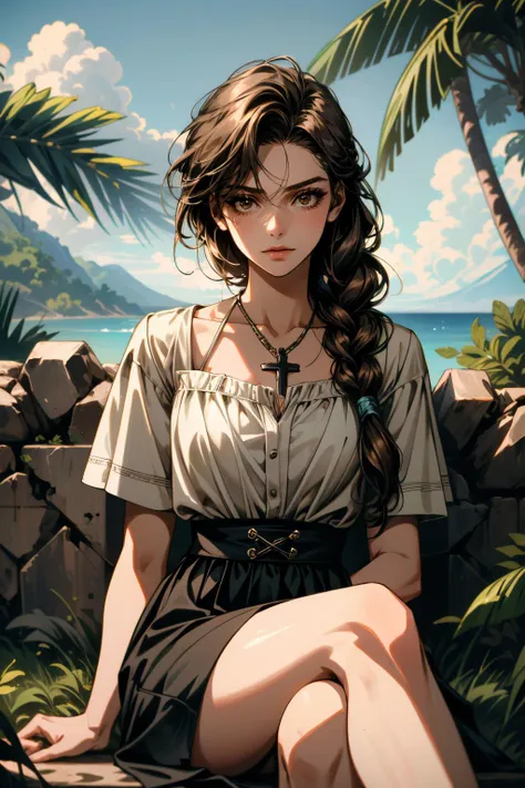 ((ultra detailed, masterpiece, absurdres))
 <lora:PBeatrice:0.9>
PBeatrice, 1girl, solo, brown hair, brown eyes, one single braid, long hair, on a tropical island, sundress, palm trees, sitting cross-legged