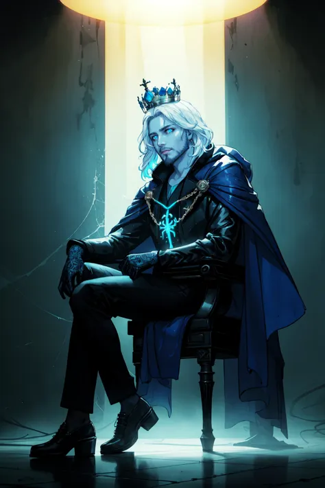 Cent-Angle  NeonLighting NeonLightingScene  DemonUnderWorld Earth-QualityPos EarthPorcelain crown, throne, 1boy, sitting, male focus, bird, beard, blue skin, facial hair, penguin, solo, blue theme, cape, colored skin, white hair,