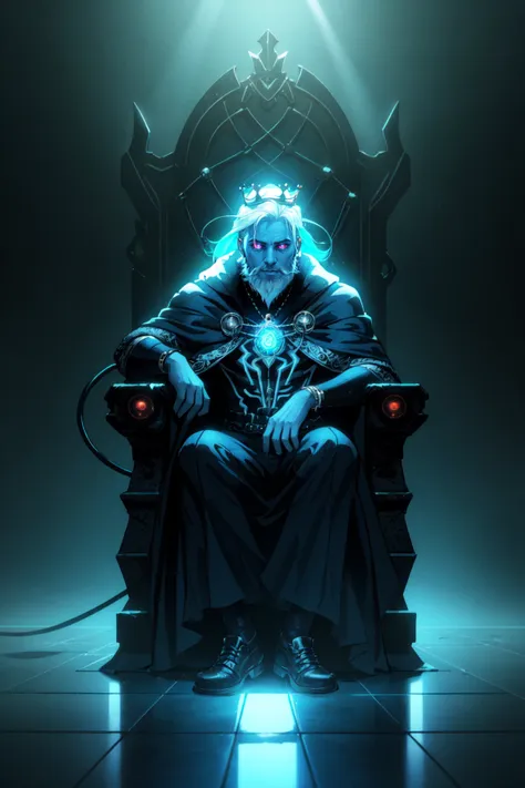 crown, throne, 1boy, sitting, male focus, bird, beard, blue skin, facial hair, penguin, solo, blue theme, cape, colored skin, white hair, Cent-Angle  NeonLighting NeonLightingScene  DemonUnderWorld Earth-QualityPos,