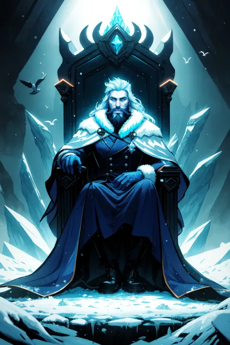 crown, royal crown, regal , frozen throne, throne, ice, winter scene, iced over throne, 1boy, sitting, male focus,beard, white beard, blue skin, facial hair, long hair, long beard, frozen setting, solo, blue theme, cape, colored skin, white hair,  bird, penguin, arctic setting, (zentangle, entangle, mandala:0.5),  NeonLighting NeonLightingScene  DemonUnderWorld Earth-QualityPos,