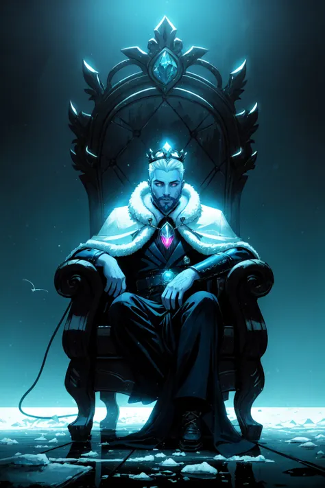 crown, throne, ice, winter scene, iced over throne, 1boy, sitting, male focus, bird, beard, blue skin, facial hair, penguin, solo, blue theme, cape, colored skin, white hair, (zentangle, entangle, mandala:0.5),  NeonLighting NeonLightingScene  DemonUnderWorld Earth-QualityPos,