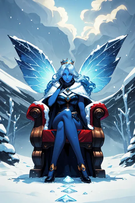 crown, royal crown, regal , frozen throne, throne, ice, winter scene, iced over throne, 1girl, female focus, colored skin, blue skin, large breasts, sitting,  long hair,  frozen setting, solo, blue theme, cape,  white hair,  bird, penguins sitting by the throne, empire penguin, arctic setting, extreme light and shadow, rim lighting, arctic theme, simon petrikov, ultra detailed, 2k cg detailed wallpaper, masterpiece, best quality, official art,  Hell_Fae