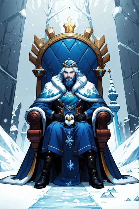 crown, royal crown, regal , frozen throne, throne, ice, winter scene, iced over throne, 1boy, sitting, male focus, beard, white beard, blue skin, facial hair, long hair, long beard, frozen setting, solo, blue theme, cape, colored skin, white hair,  bird, penguins sitting by the throne, empire penguin, arctic setting, extreme light and shadow, rim lighting, arctic theme, simon petrikov, ultra detailed, 2k cg detailed wallpaper, masterpiece, best quality, official art,