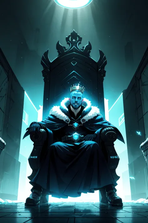 crown, throne, ice, winter scene, iced over throne, 1boy, sitting, male focus, bird, beard, blue skin, facial hair, penguin, solo, blue theme, cape, colored skin, white hair, (zentangle, entangle, mandala:0.5),  NeonLighting NeonLightingScene  DemonUnderWorld Earth-QualityPos,