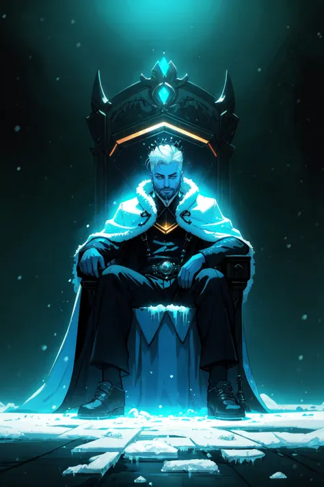 crown, throne, ice, winter scene, iced over throne, 1boy, sitting, male focus, bird, beard, blue skin, facial hair, penguin, solo, blue theme, cape, colored skin, white hair, (zentangle, entangle, mandala:0.5),  NeonLighting NeonLightingScene  DemonUnderWorld Earth-QualityPos,