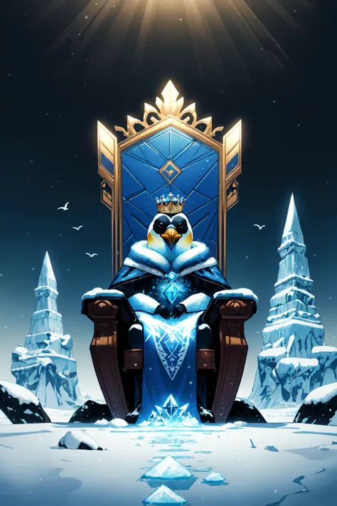 no humans,    bird,  penguin king,  crown, blue theme, cape,  royal crown, regal , frozen throne, throne, ice, winter scene, iced over throne,frozen setting,  bird, penguins sitting by the throne, empire penguin, arctic setting, extreme light and shadow, rim lighting, arctic theme, ultra detailed, 2k cg detailed wallpaper, masterpiece, best quality, official art,Earth-QualityPos