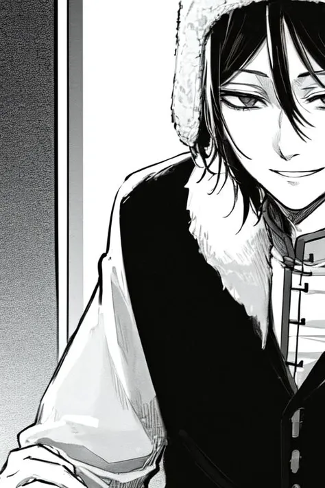 1boy, male focus, fur hat, greyscale, monochrome, solo, ushanka, hat, waist-up, short hair, black hair, portrait, grin, smirk, gesugao, hair between eyes,  <lora:Fyodor_Dostoyevsky_Manga:1>,