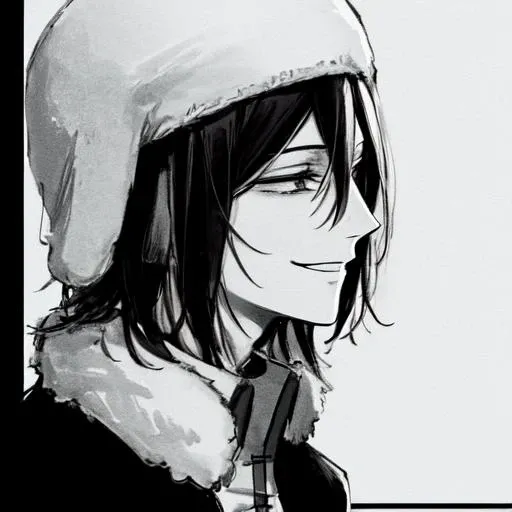 1boy, male focus, fur hat, greyscale, monochrome, solo, ushanka, hat, short hair, black hair, side view, profile, from side, portrait, grin, smirk, hair between eyes,  <lora:Fyodor_Dostoyevsky_Manga:1>