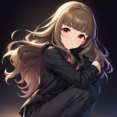 (masterpiece),(best quality),(ultra-detailed),(best illustration),(best shadow),(absurdres),(detailed background),(very aesthetic),nao kamiya, 1girl, solo, long hair, red eyes, pants, brown hair, black background, smile, looking at viewer, simple background<lora:Nao_Kamiya:1>