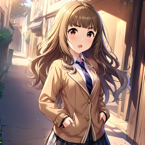 (masterpiece),(best quality),(ultra-detailed),(best illustration),(best shadow),(absurdres),(detailed background),(very aesthetic),nao kamiya, 1girl, solo, long hair, brown hair, red eyes, necktie, skirt, hands in pockets, school uniform, open mouth <lora:Nao_Kamiya:1>