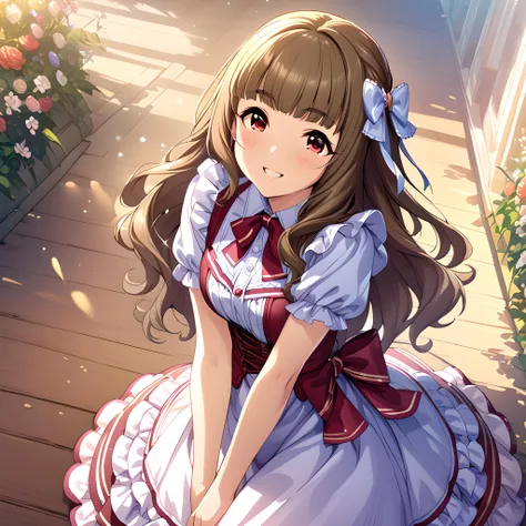 (masterpiece),(best quality),(ultra-detailed),(best illustration),(best shadow),(absurdres),(detailed background),(very aesthetic), nao kamiya, 1girl, red eyes, brown hair, dress, long hair, solo, frills, smile, bow, bangs<lora:Nao_Kamiya:1>