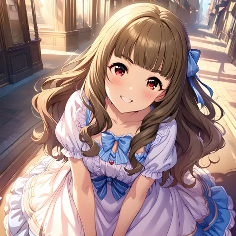 (masterpiece),(best quality),(ultra-detailed),(best illustration),(best shadow),(absurdres),(detailed background),(very aesthetic), nao kamiya, 1girl, red eyes, brown hair, dress, long hair, solo, frills, smile, bow, bangs<lora:Nao_Kamiya:1>