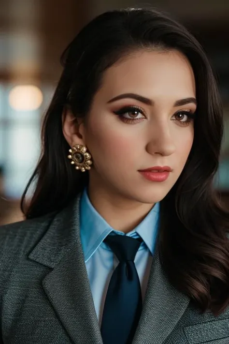 <lora:janadefi-03:0.6>,,janadefi,(epic) ,(epic) ,photo of a woman, , perfect hair, beautiful perfect skin, ((busy office)), (modern photo, necktie, shirt), 24mm, (analog, cinematic, film grain:1.3), , detailed eyes, (upper body), (looking at viewer), earrings, (eyeliner, eyelashes)