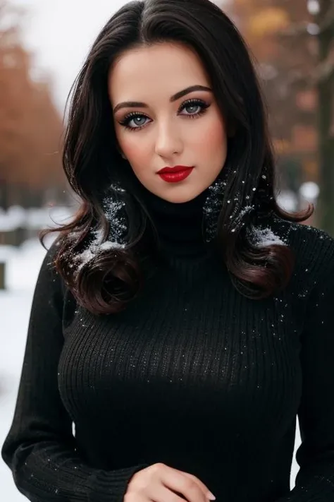 <lora:janadefi-03:0.6>,,janadefi,(epic) , photo of a woman, , ((dark brown hair)), ((turtleneck sweater, jacket, leggings, snow, city)),smiling, (red lipstick, blush), ((best quality, masterpiece, extreme details, high resolution):1.2),((detailed eyes, beautiful eyes, detailed face, beautiful face):1.2)