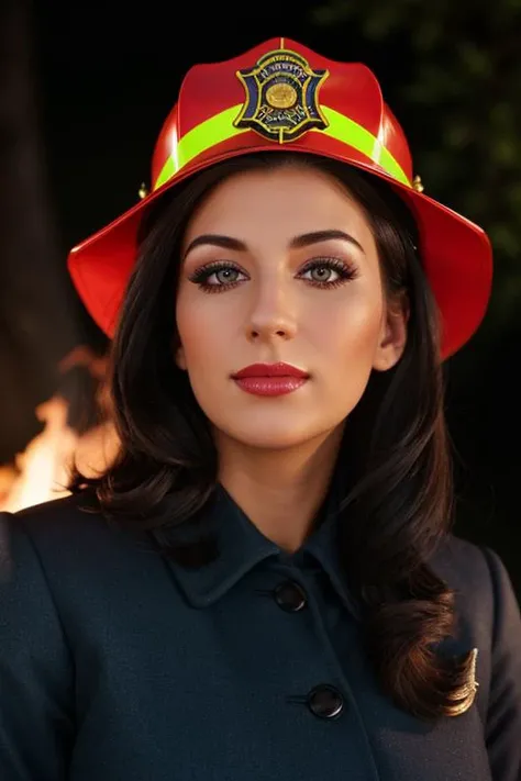 <lora:janadefi-03:0.6>,,janadefi,(epic) , photo of a woman, ((outdoors, fire, at night)),((firefighter uniform, firefighter hat)) smiling, (lipstick, blush, eye shadow), ((best quality, masterpiece, extreme details, high resolution):1.2),((detailed eyes, beautiful eyes, detailed face, beautiful face):1.2)