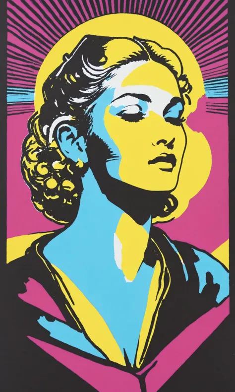 risograph, trtcrd artstyle Madonna <lora:DD-trtcrd-v4:1>, 80s music poster, cyan magenta yellow black