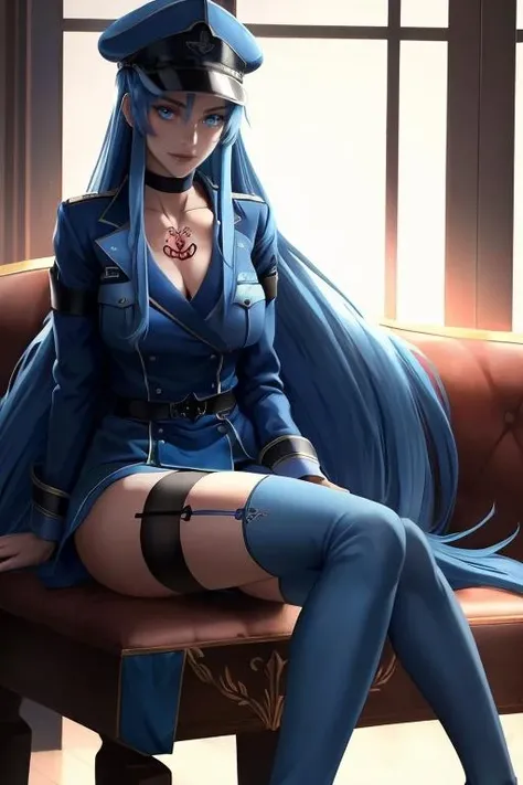 masterpiece,best quality,highres,realistic,<lora:Esdese:0.6>,esdese,long_hair,hat,peaked_cap,blue_eyes,blue_hair,choker,very_long_hair,military_uniform,thighhighs,tattoo,full body,sitting,