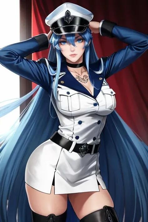 masterpiece,best quality,highres,realistic,<lora:Esdese:0.6>esdese, long_hair,hat,peaked_cap,blue_eyes,blue_hair,choker,very_long_hair,military_uniform,thighhighs,tattoo,