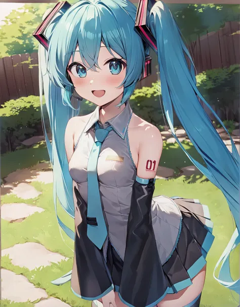 masterpiece, best quality,1girl,hatsune miku,aqua hair, aqua eyes, long hair, twintails, gradient hair, bare shoulders,black skirt,blue necktie,detached sleeves,small breasts,grey shirt,long sleeves,miniskirt,pleated skirt, thighhighs, happy,outdoors,shiny clothes,looking at viewer