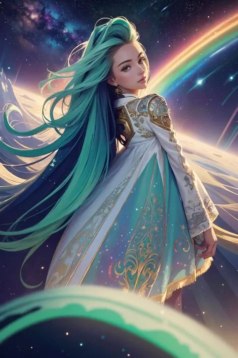 (best quality, masterpiece, perfect face, beautiful and aesthetic:1.2, colorful, dynamic angle, highest detailed face) full body photo, fashion photography of cute astronaut with long iridiscent green hair, in space with galaxy behind, 35mm, bokeh, 9:16, (intricate details, hyperdetailed:1.15), detailed, sunlight passing through hair (high contrast, official art, extreme detailed, highest detailed)  <lora:bbhollyyv3:1> bbhollyy