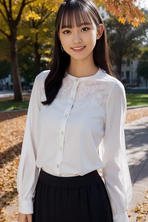 1girl,(wearing a blouse and long skirt:1.2),(RAW photo, best quality), (realistic, photo-realistic:1.4), masterpiece, an extremely delicate and beautiful, extremely detailed, 2k wallpaper, Amazing, finely detail, extremely detailed CG unity 8k wallpaper, ultra-detailed, highres, soft light, beautiful detailed girl, extremely detailed eyes and face, beautiful detailed nose, beautiful detailed eyes,cinematic lighting,autumn scenery,maple leaves,outdoor,in a park,perfect anatomy,slender body,smiling <lora:yoshimiyaruri_lora:0.8>