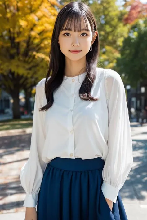 (in 8K、Raw photo、top-quality、masuter piece: 1.2)、(realisitic、photoRealstic: 1.4)、(High resolution 8K wallpapers)、foco nítido、depth of fields、Background blur、bokeh dof、lighting like a movie、Soft light、Shot from thigh up、Cute idol face looking at camera、(Smiling Japanese woman in her 20s:1.3)、(symmetrical beautiful eyes:1.2)、(A well-shaped B cup)、(realistic skin textures、Natural lip color,orthodontically aligned teeth)、(((Beautiful thin eyebrows)))、(二重まぶた、Long bangs)、(Blouse:1.2)、((pleatedskirt))